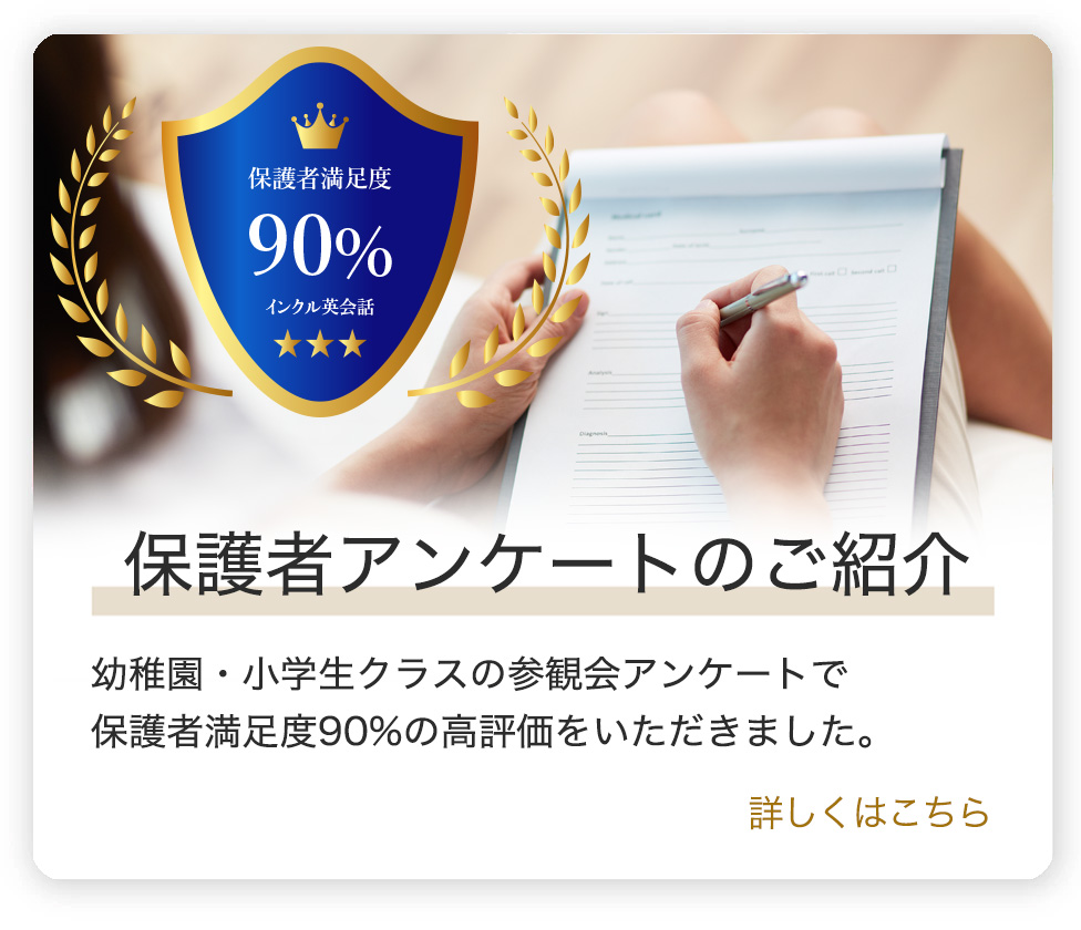 保護者アンケートのご紹介。幼稚園・小学生クラスの参観会アンケートで保護者満足度90%の高評価をいただきました。